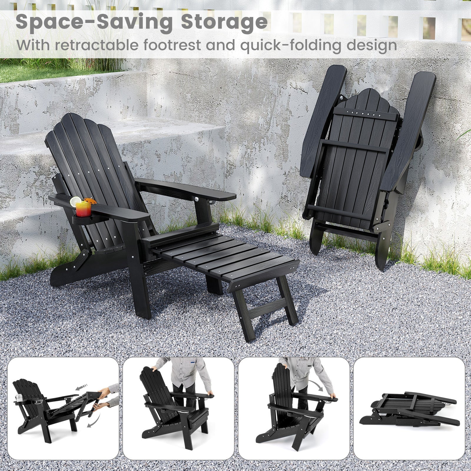 All-Weather HIPS Patio Adirondack Lounge Chair with Retractable Footrest