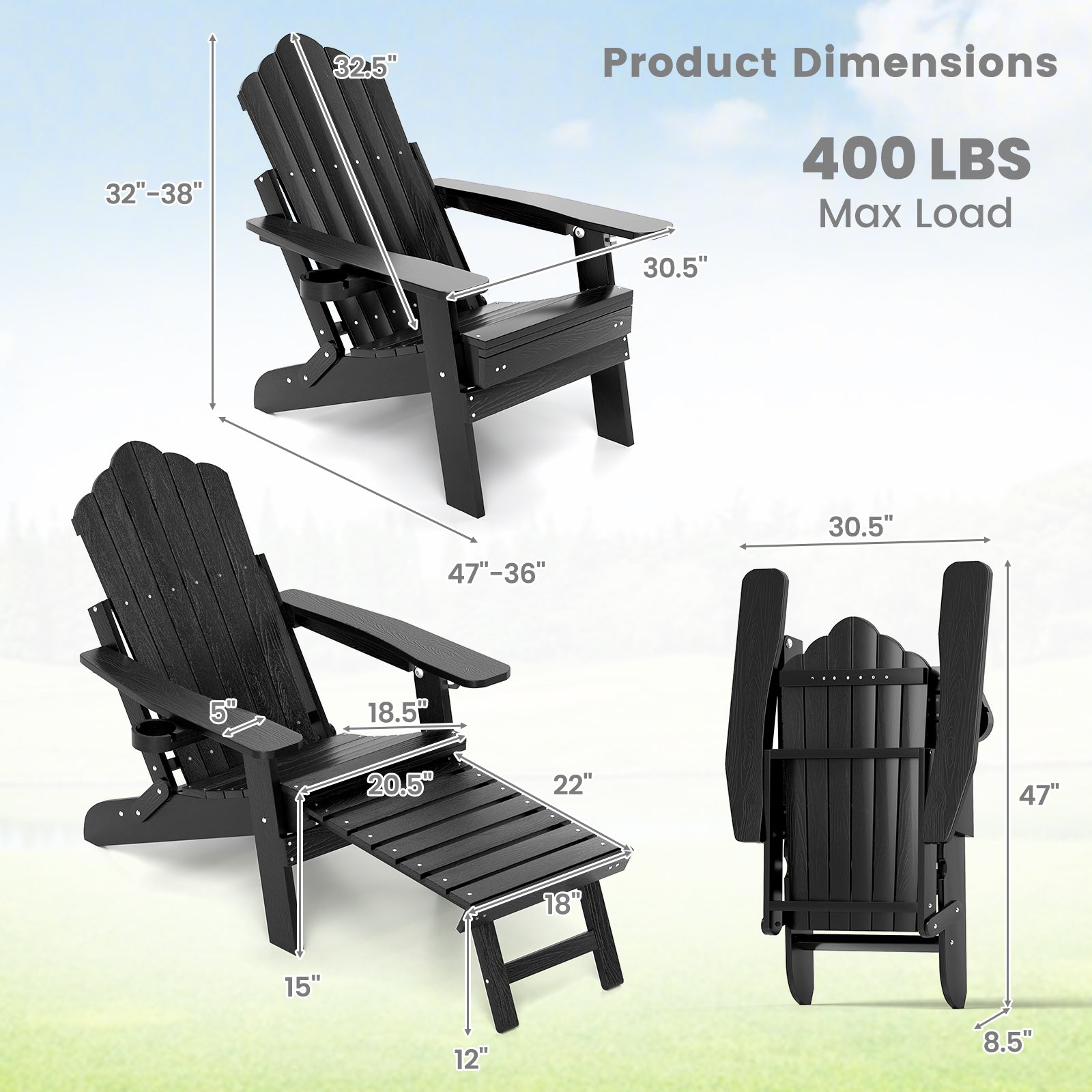 All-Weather HIPS Patio Adirondack Lounge Chair with Retractable Footrest