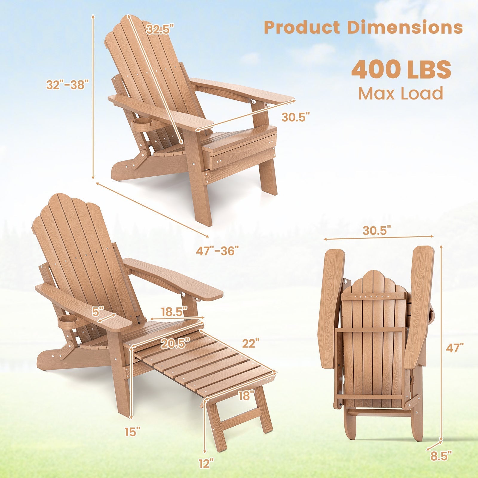 All-Weather HIPS Patio Adirondack Lounge Chair with Retractable Footrest