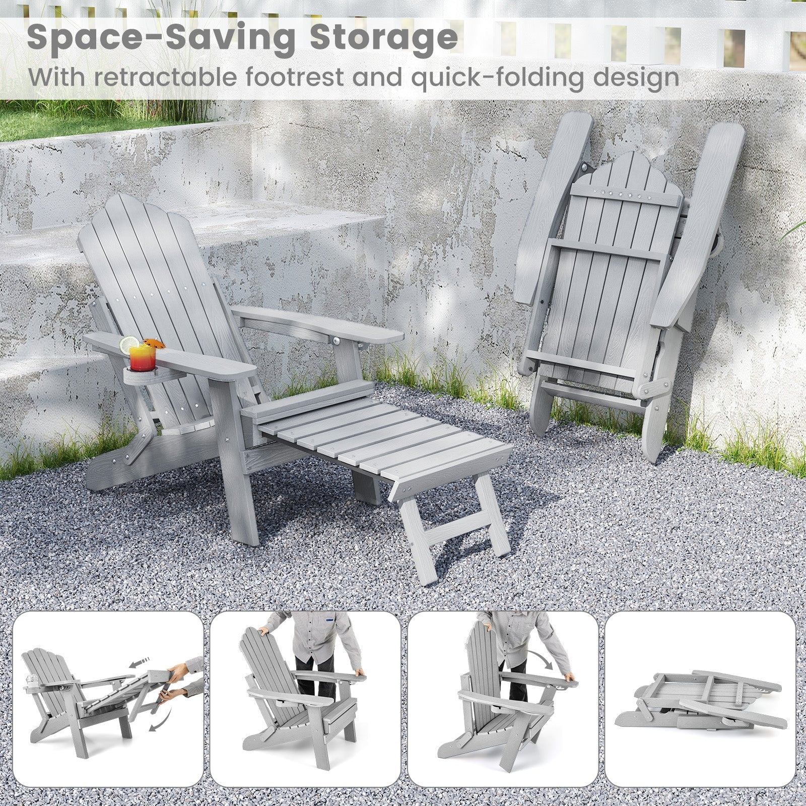 All-Weather HIPS Patio Adirondack Lounge Chair with Retractable Footrest