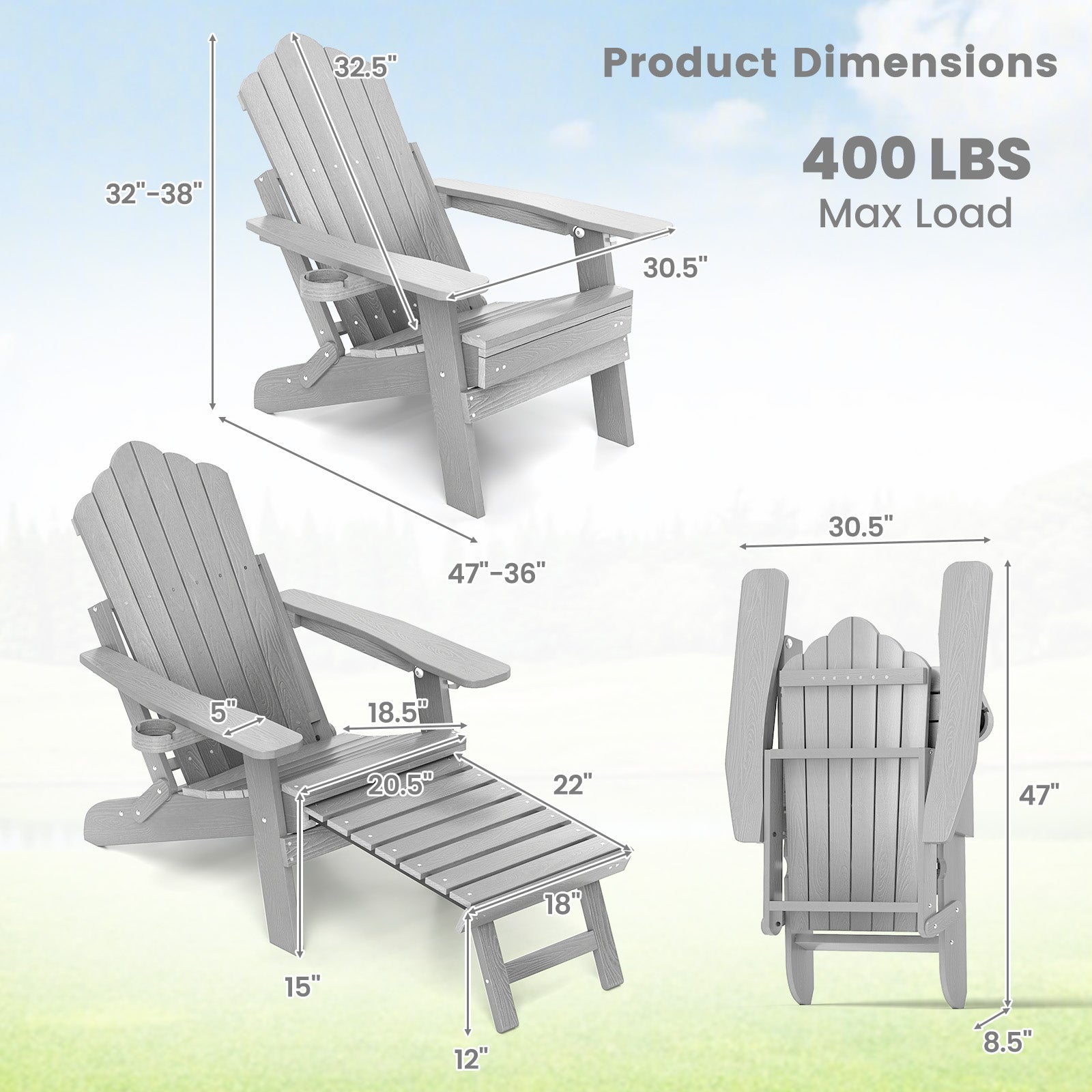 All-Weather HIPS Patio Adirondack Lounge Chair with Retractable Footrest