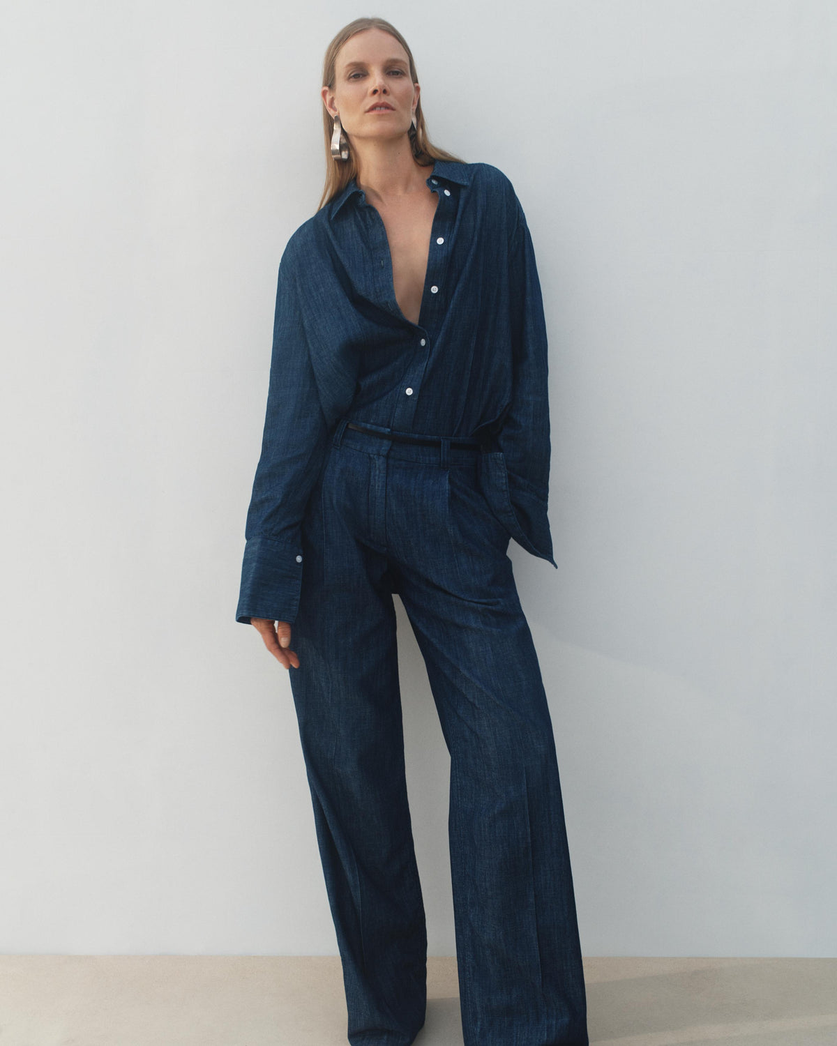 Chambray Relaxed Wide Leg Pant | Dark Blue