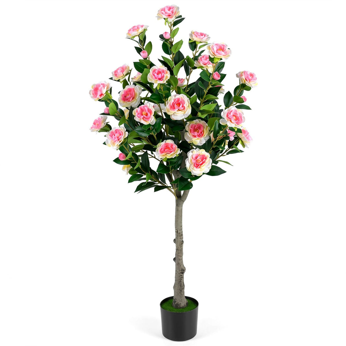 Artificial Camellia Tree with 27 Blossoms in Cement Pot