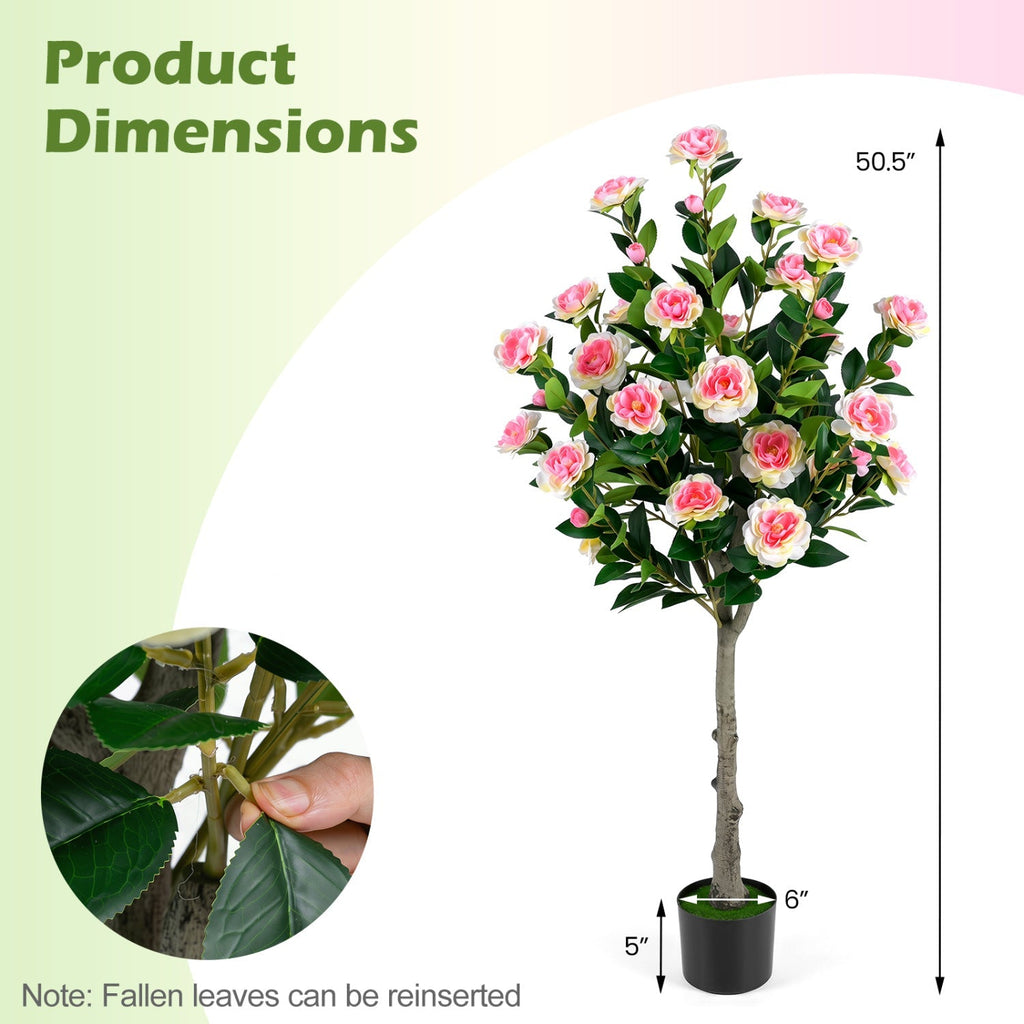 Artificial Camellia Tree with 27 Blossoms in Cement Pot