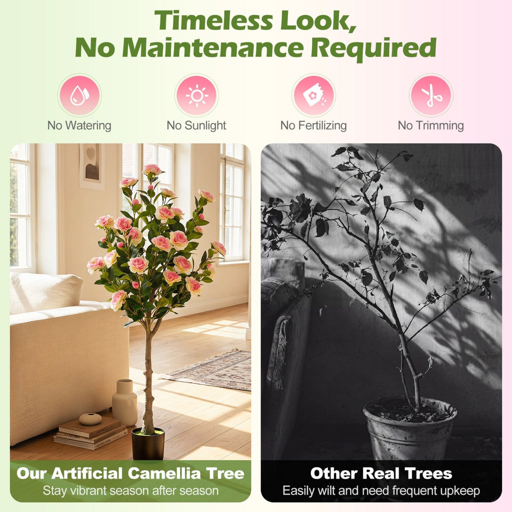 Artificial Camellia Tree with 27 Blossoms in Cement Pot