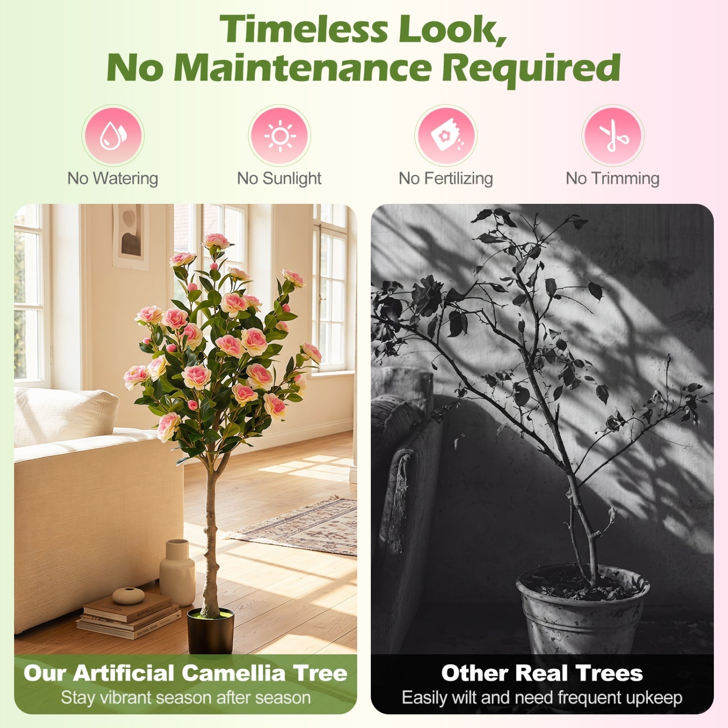 Artificial Camellia Tree with 27 Blossoms in Cement Pot
