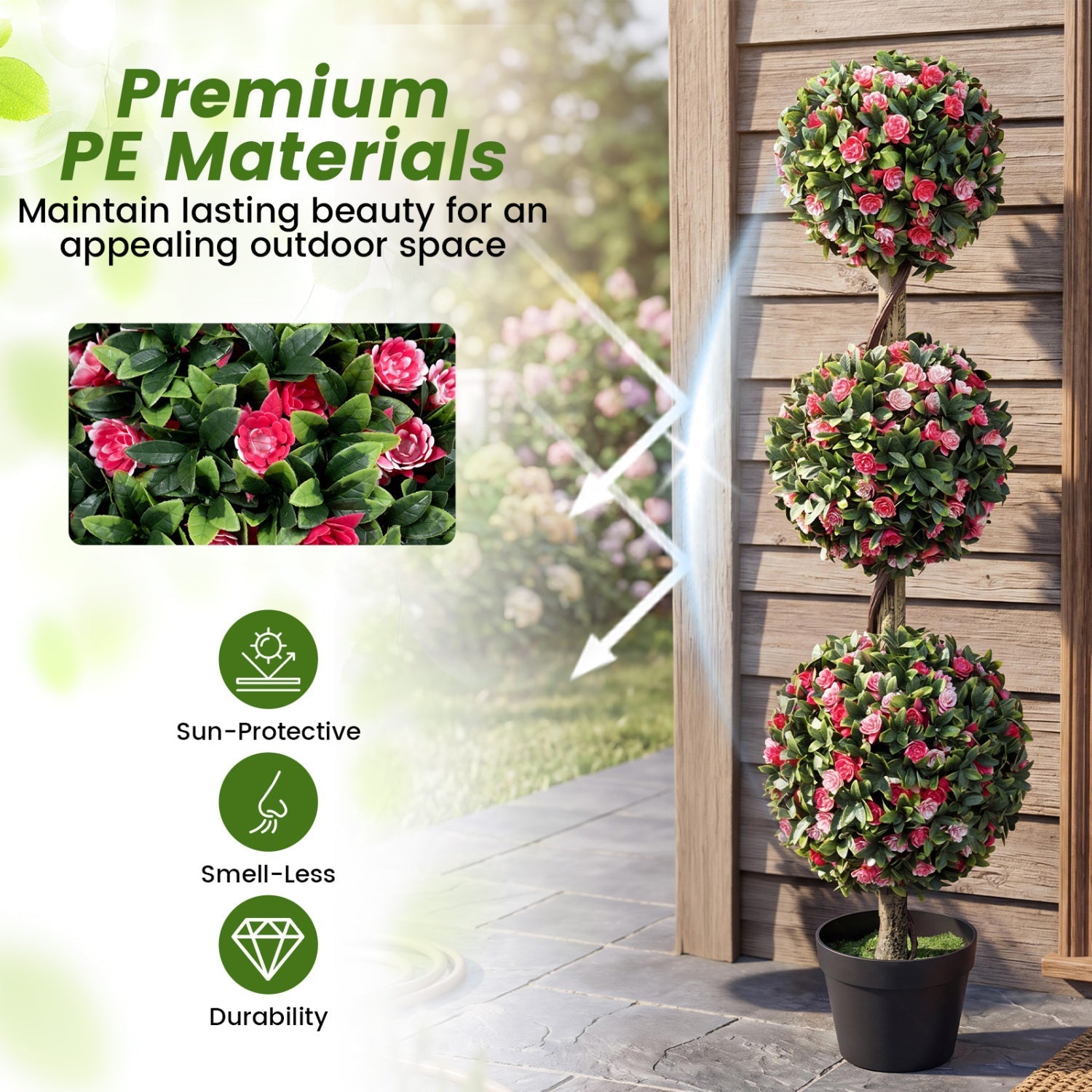 Triple Ball Rose Topiary Tree 43.5" with Lifelike Blooms