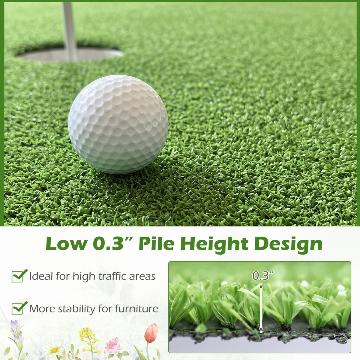 Artificial Turf Rug with 0.3 Inch Pile Height
