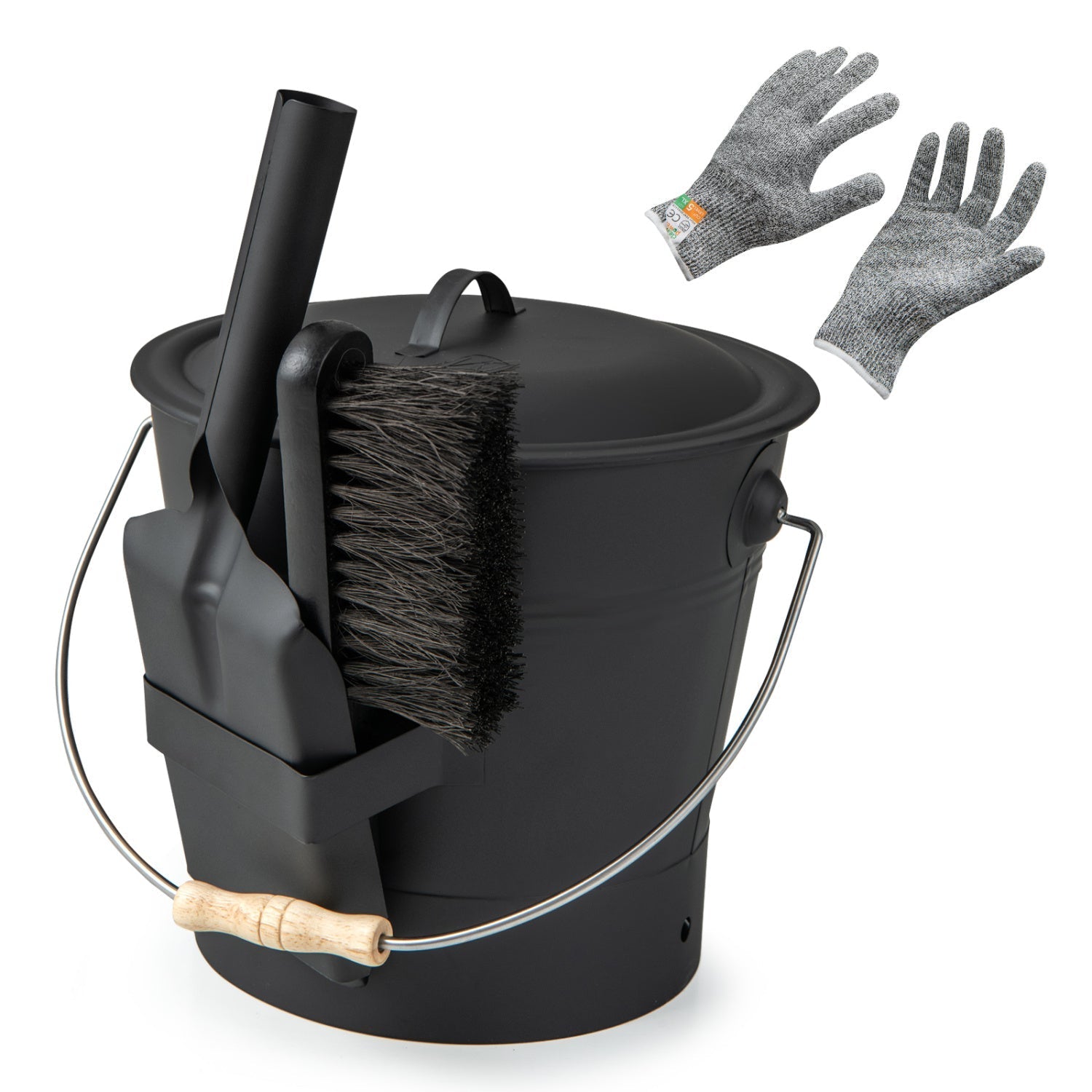 Ash Bucket with Lid and Cut-resistant Gloves