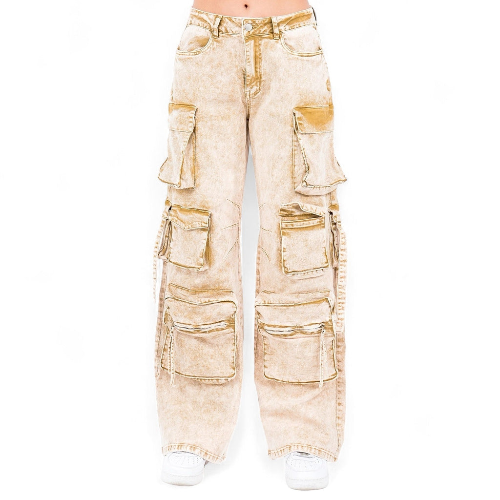 Multiple Pocket Acid Wash Denim Pants- RJH30665