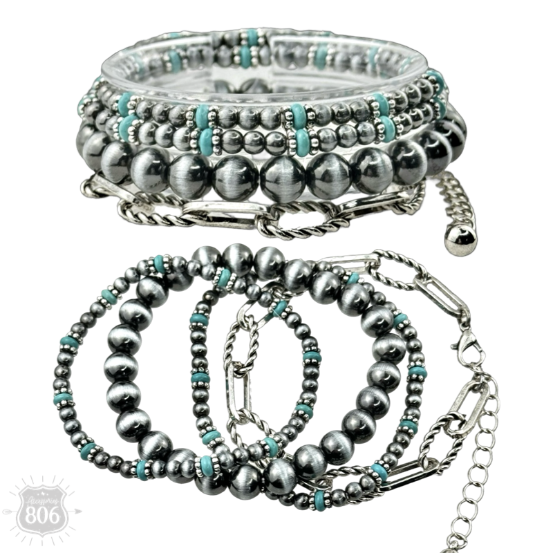 Western burnished pearl bead and chain bracelet set
