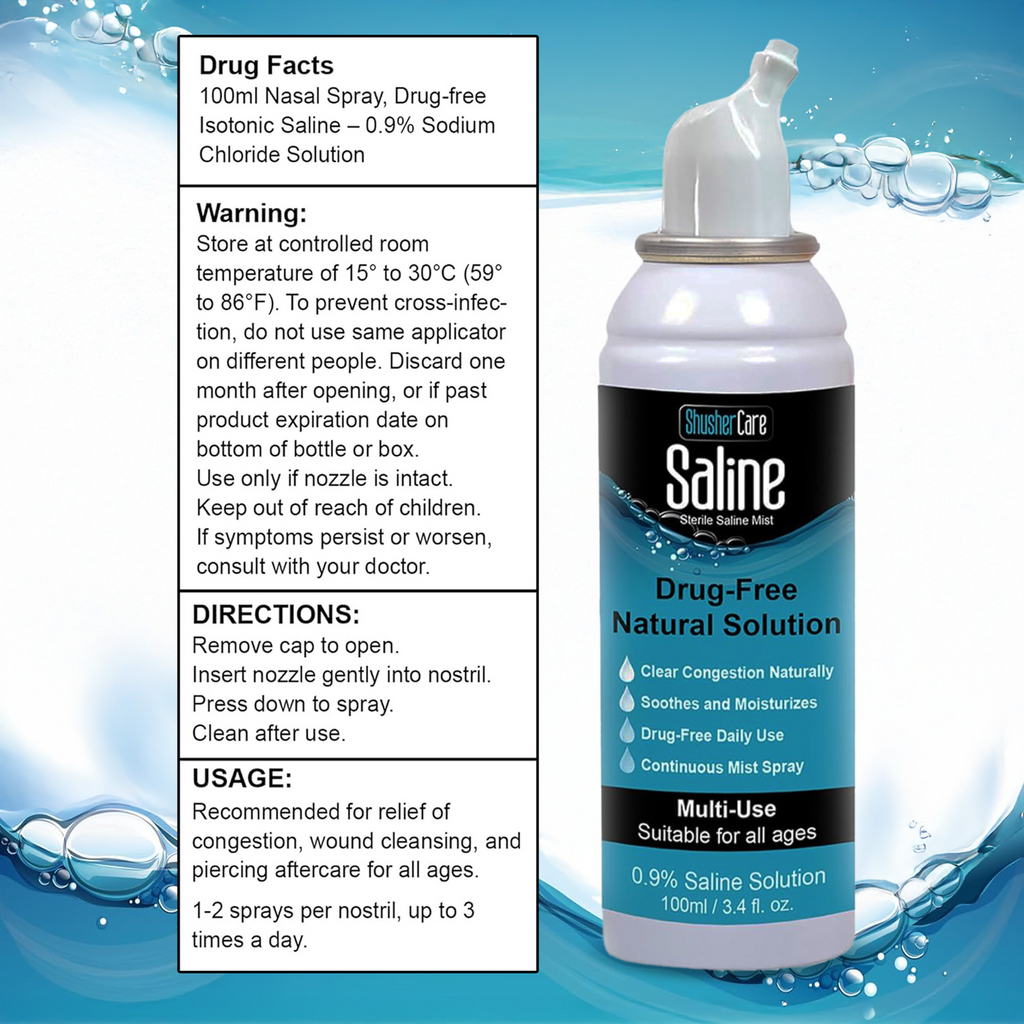 Shusher Care Saline Mist Spray – Drug-Free, Multi-Use Sterile Saline for Nasal, Wound & Piercing Care
