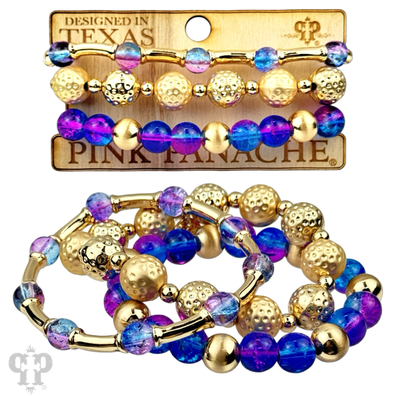Ombre crackle and gold hammered bead stack bracelet