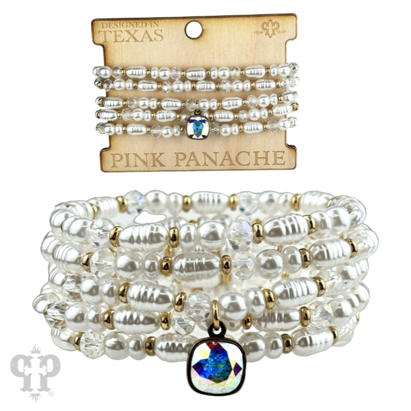 Cream pearl bead bracelet stack with European crystal