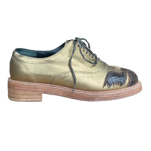 CHANEL Paris Dallas Gold Leather Lace Up Oxfords, Size 40