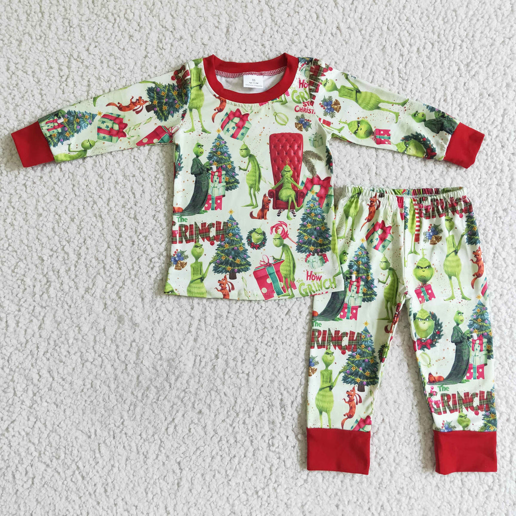 Green face long sleeve baby boy Christmas pajamas