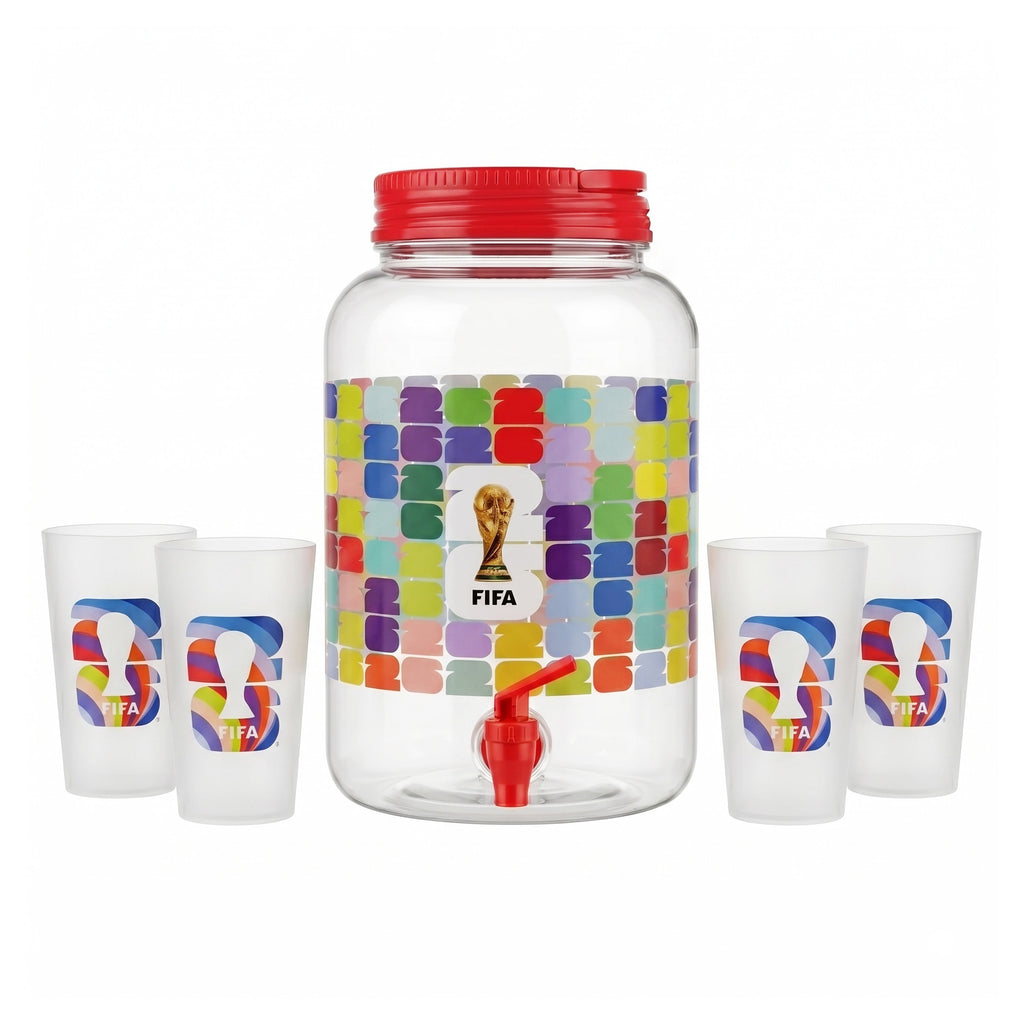 Atelier Sportif Official FIFA 1.4 Gal Beverage Dispenser with Red Handle & 4 Plastic Cups 18.5 OZ.