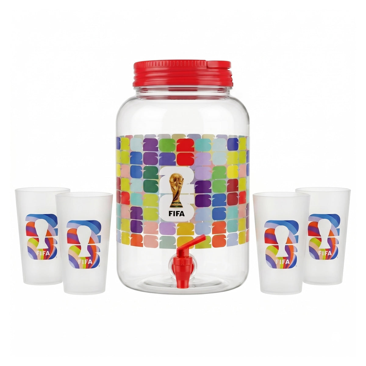 Atelier Sportif Official FIFA 1.4 Gal Beverage Dispenser with Red Handle & 4 Plastic Cups 18.5 OZ.