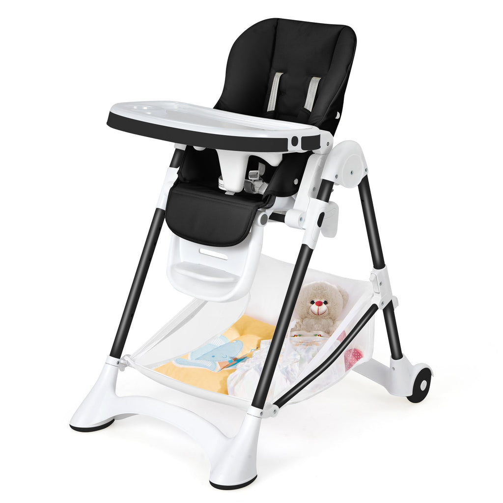 Baby Convertible Folding Adjustable High Chair with Wheel Tray Storage Basket