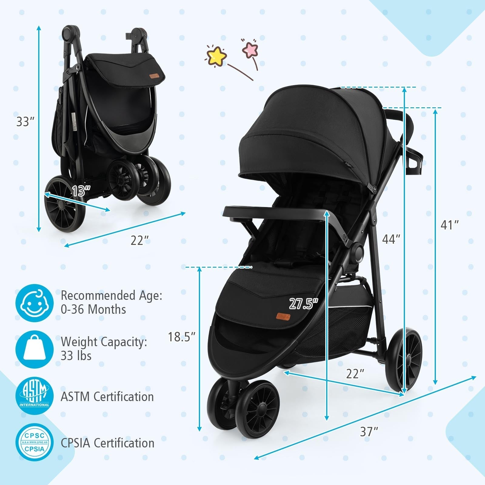 Baby Jogging Stroller with Adjustable Canopy for Newborn