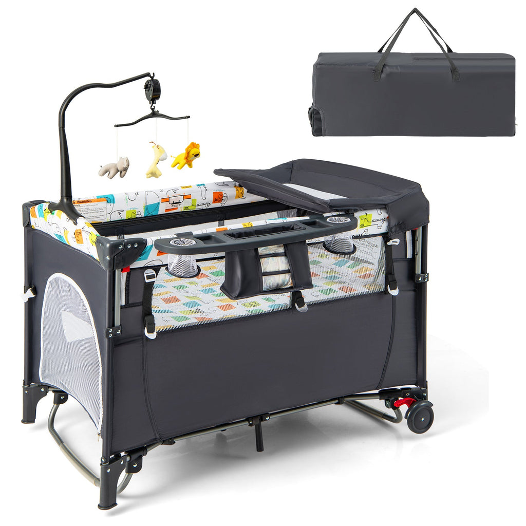 5-in-1 Baby Nursery Center Foldable Toddler Bedside Crib with Music Box