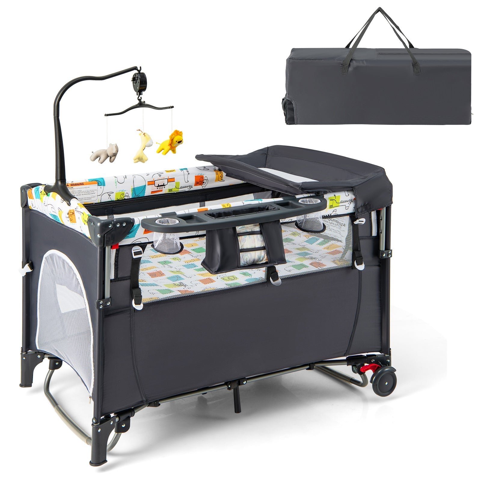 5-in-1 Baby Nursery Center Foldable Toddler Bedside Crib with Music Box