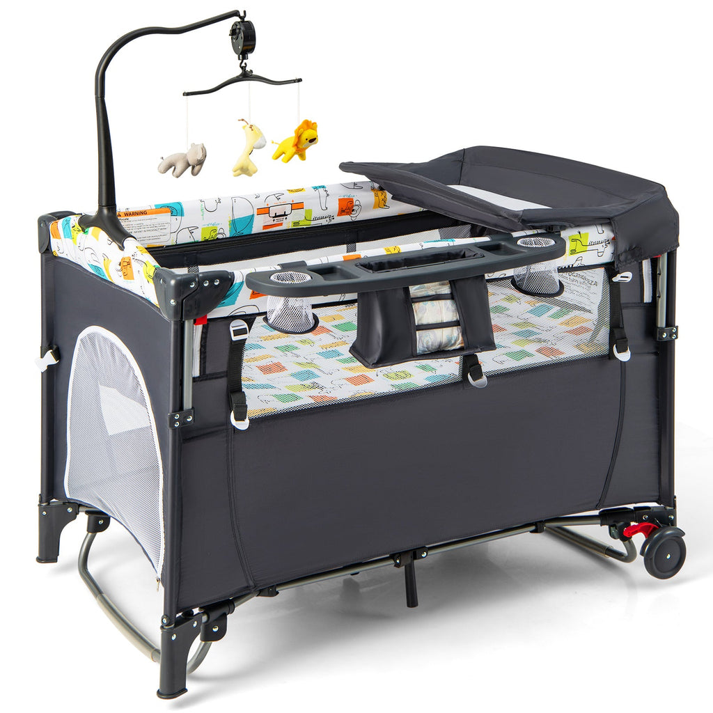 5-in-1 Baby Nursery Center Foldable Toddler Bedside Crib with Music Box