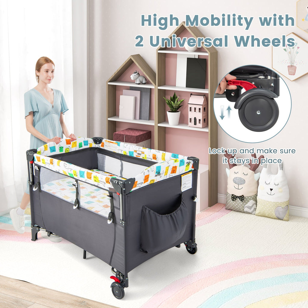 5-in-1 Baby Nursery Center Foldable Toddler Bedside Crib with Music Box
