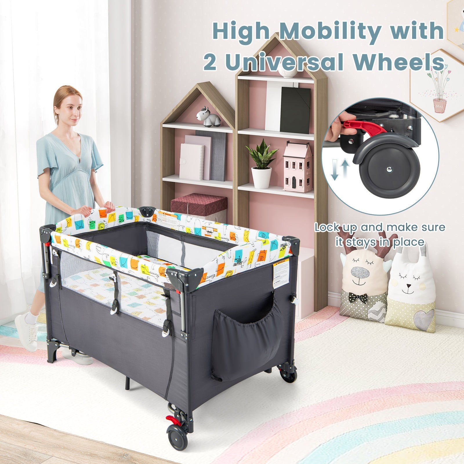 5-in-1 Baby Nursery Center Foldable Toddler Bedside Crib with Music Box