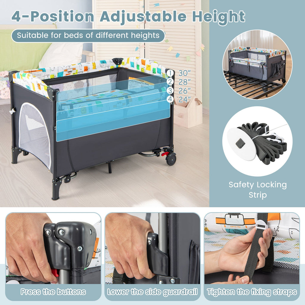 5-in-1 Baby Nursery Center Foldable Toddler Bedside Crib with Music Box