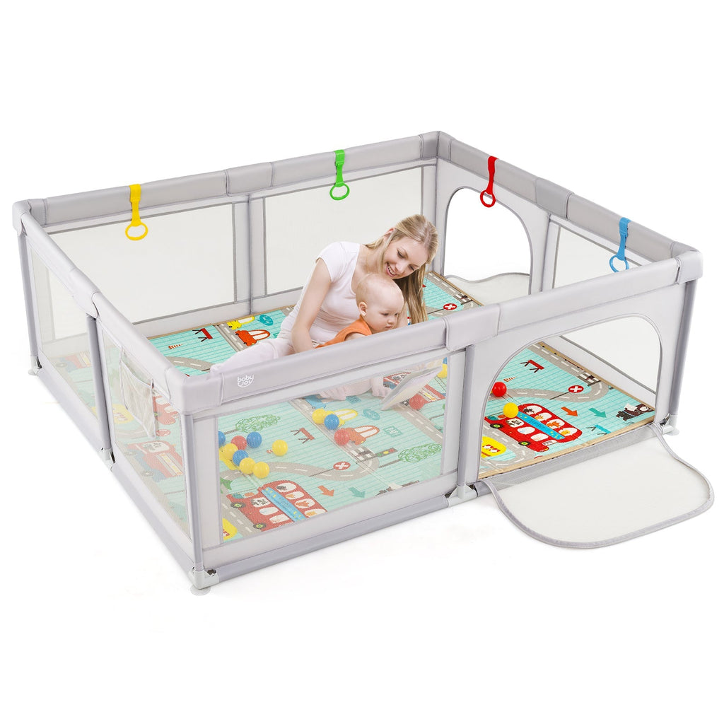 Baby Playpen with Mat and Breathable Mesh-Gray