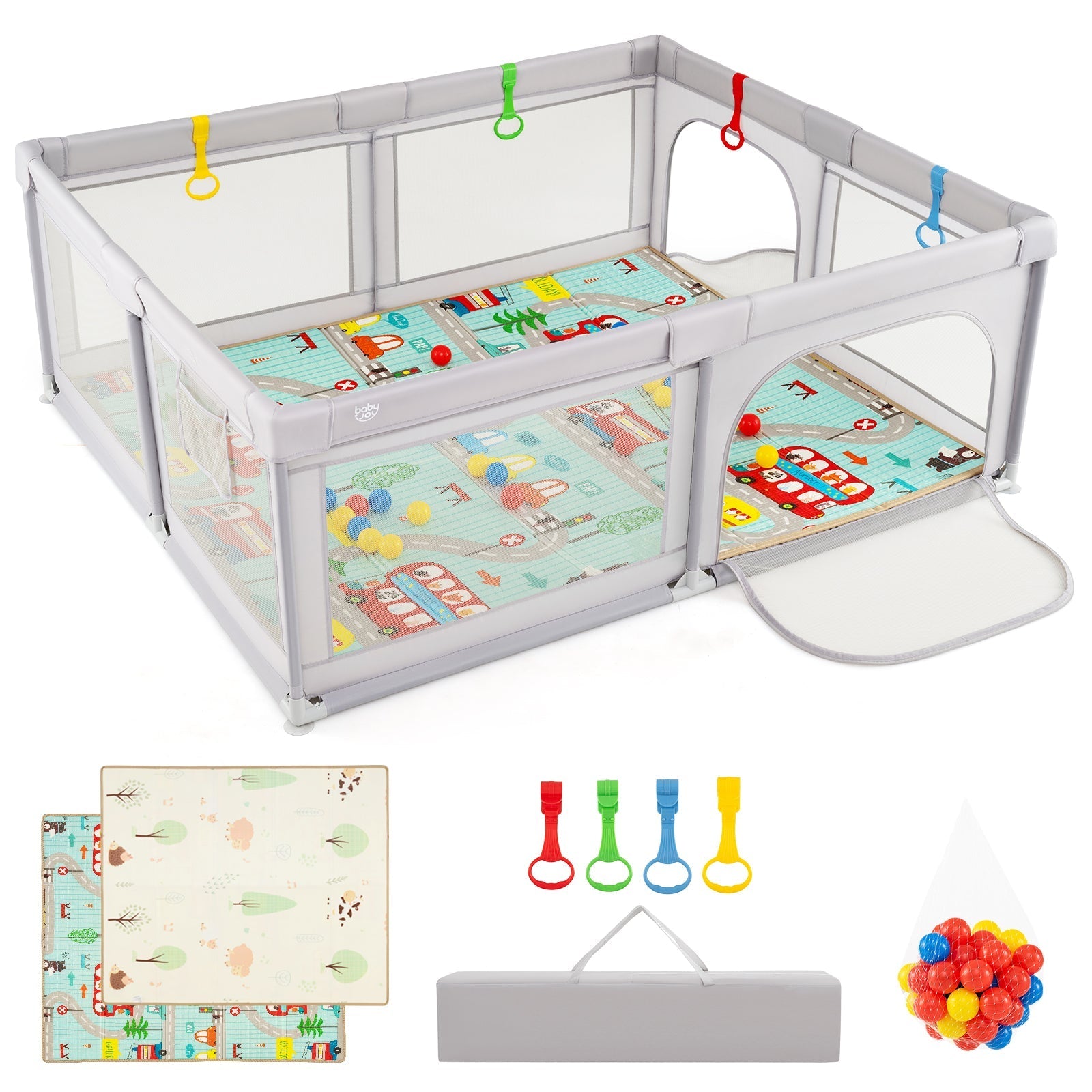 Baby Playpen with Mat and Breathable Mesh-Gray
