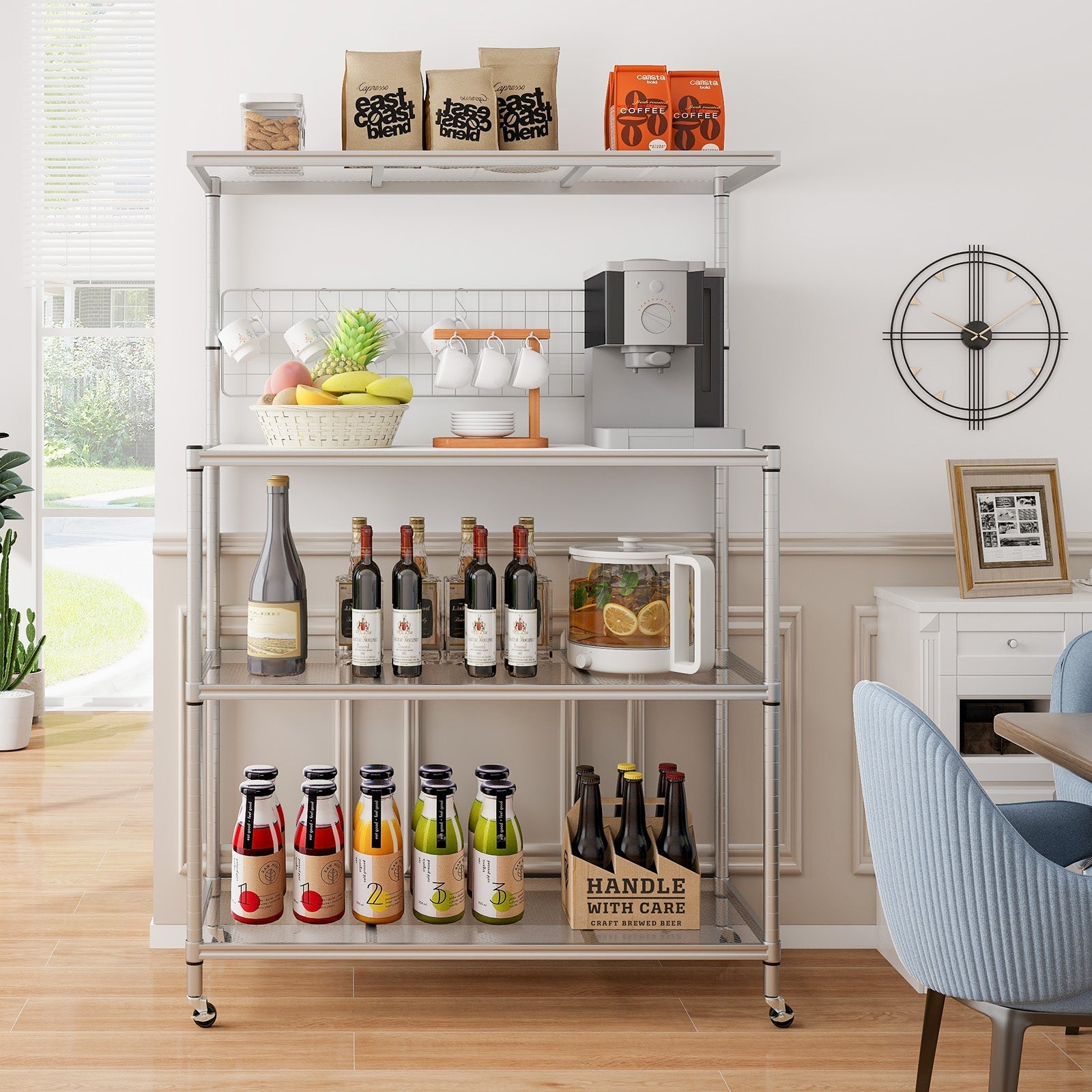 4-Tier Bakers Rack on Wheels with Adjustable Shelves-Silver