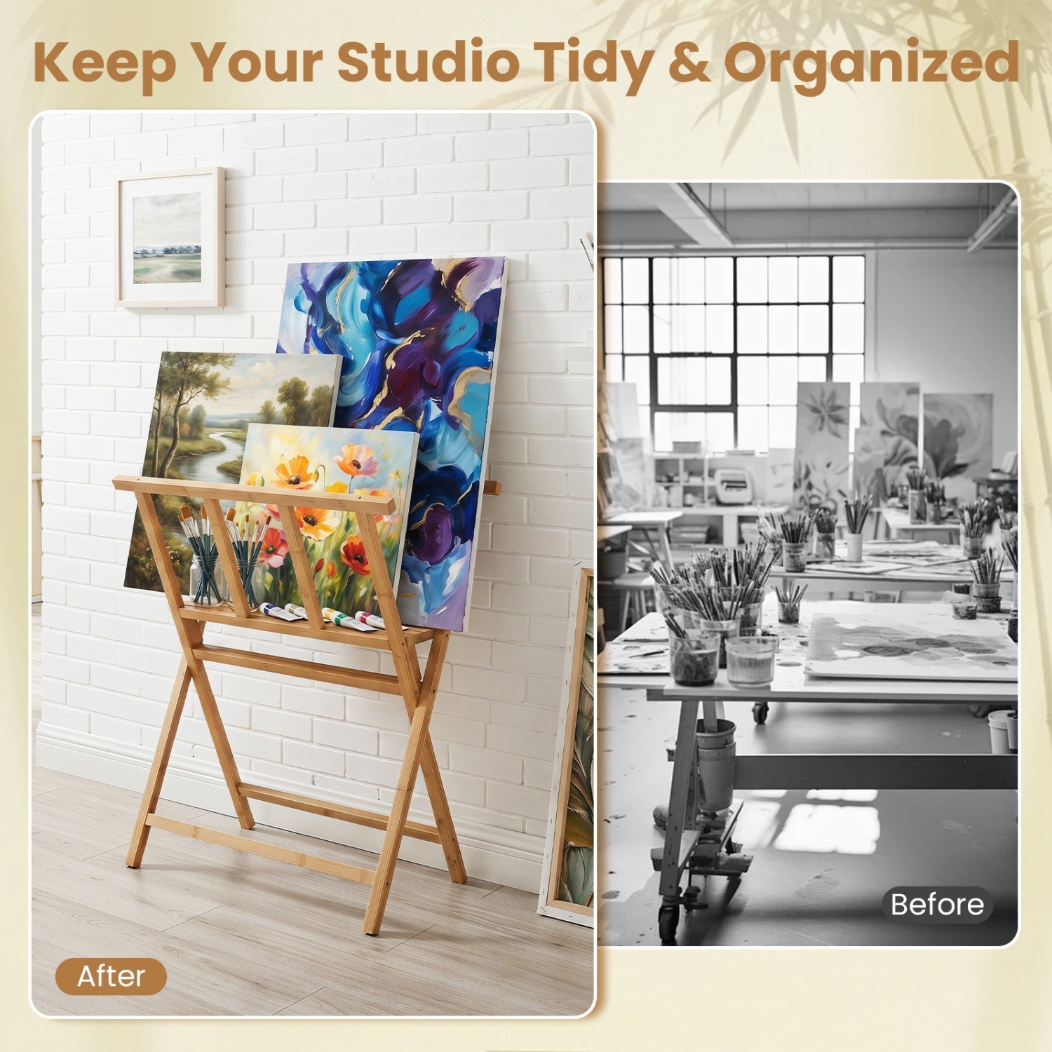 Bamboo Art Print Rack for Canvas Storage and Display
