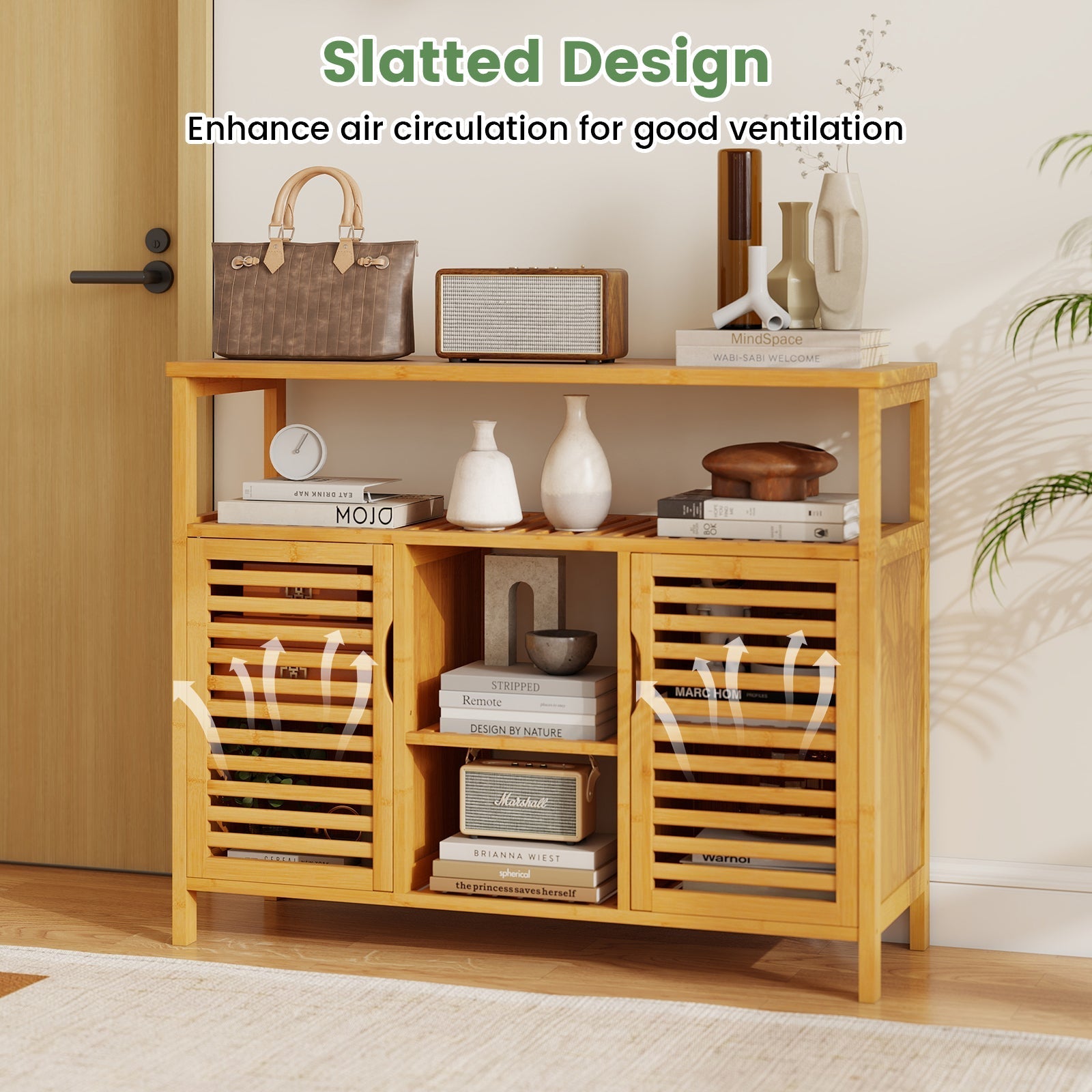 Bamboo Bathroom Cabinet with Shelves and Doors-Natural