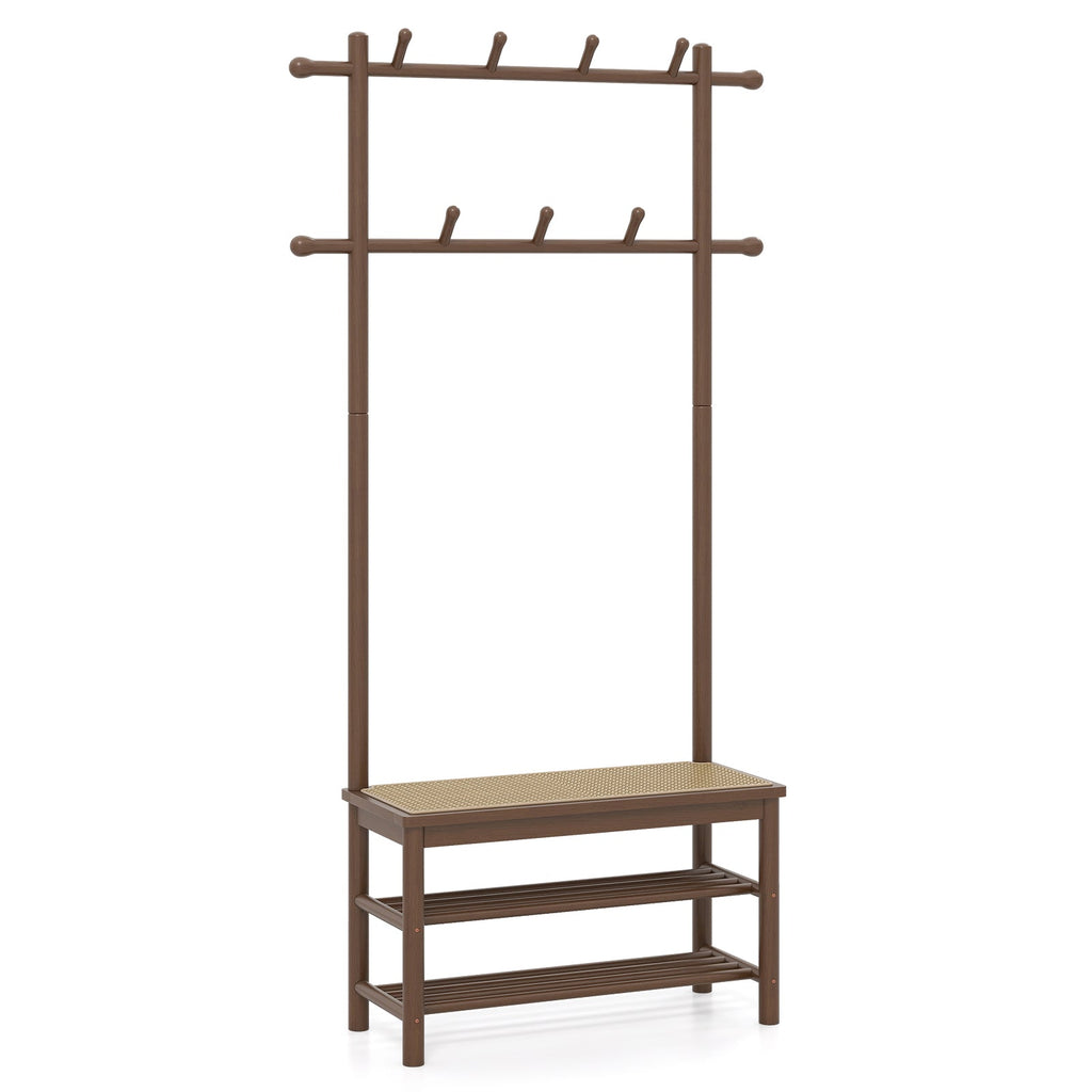 Bamboo Coat Rack PE Rattan Hall Tree with Bench and Shoe Storage 3-In-1 Entryway Bench
