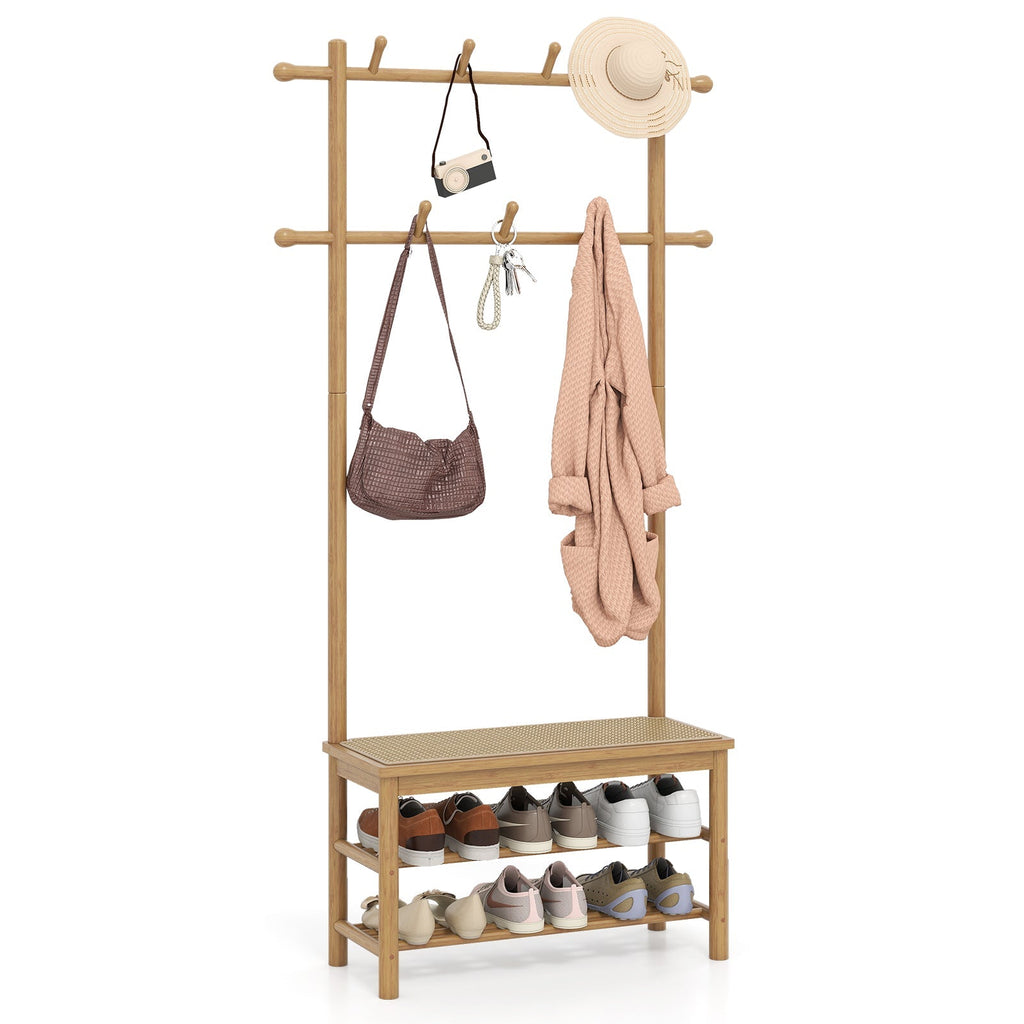Bamboo Coat Rack PE Rattan Hall Tree with Bench and Shoe Storage 3-In-1 Entryway Bench
