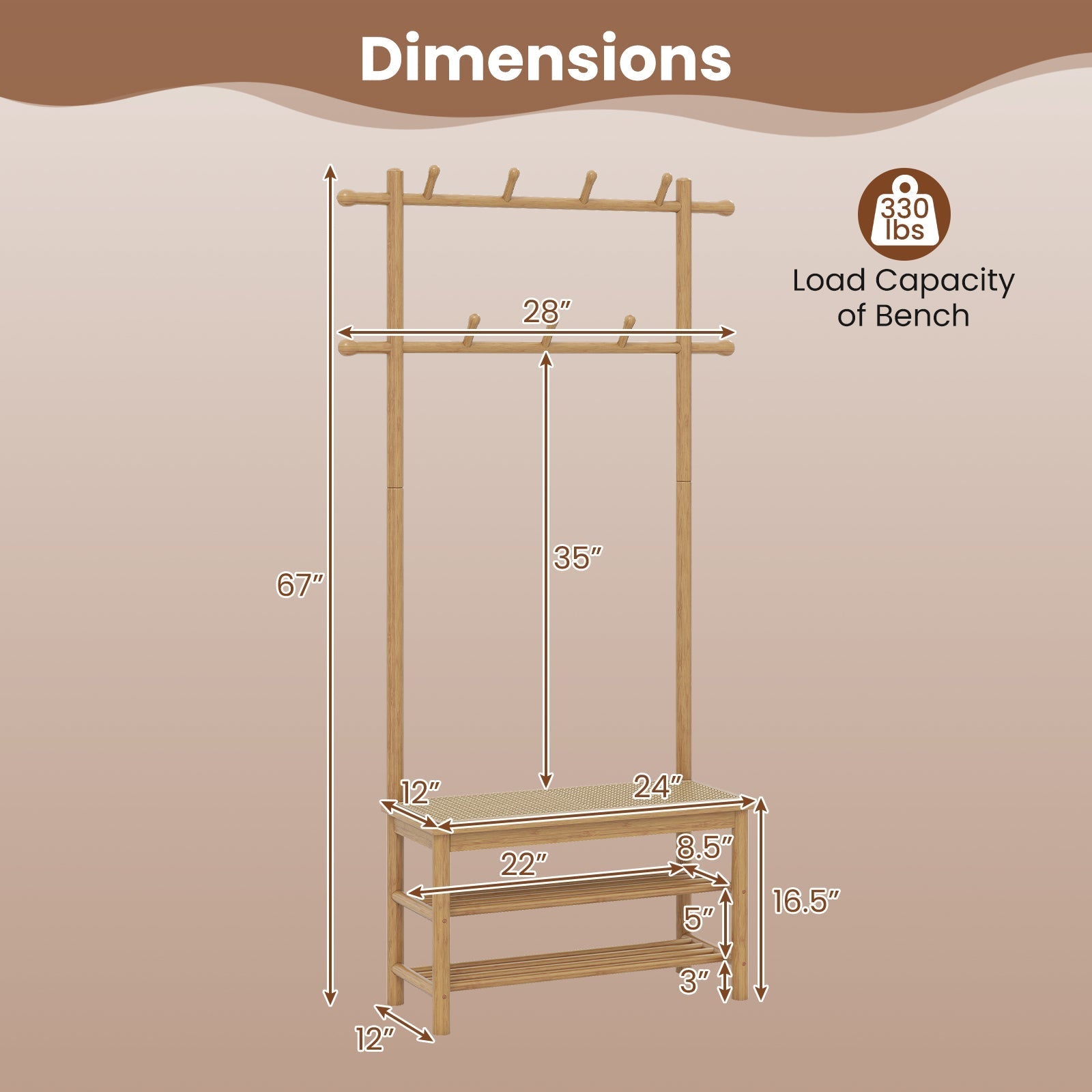 Bamboo Coat Rack PE Rattan Hall Tree with Bench and Shoe Storage 3-In-1 Entryway Bench