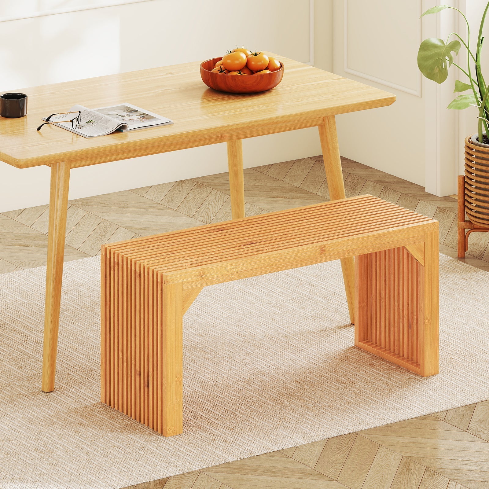 Bamboo Dining Bench Long Entryway Bench Indoor Outdoor Solid Wood Bench-Natural