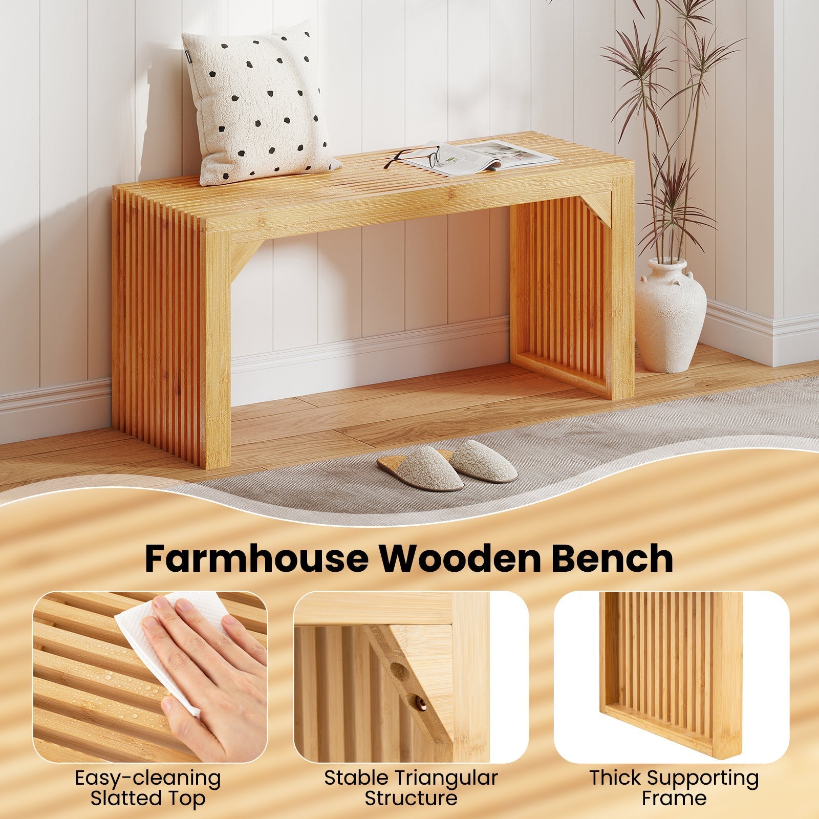 Bamboo Dining Bench Long Entryway Bench Indoor Outdoor Solid Wood Bench-Natural
