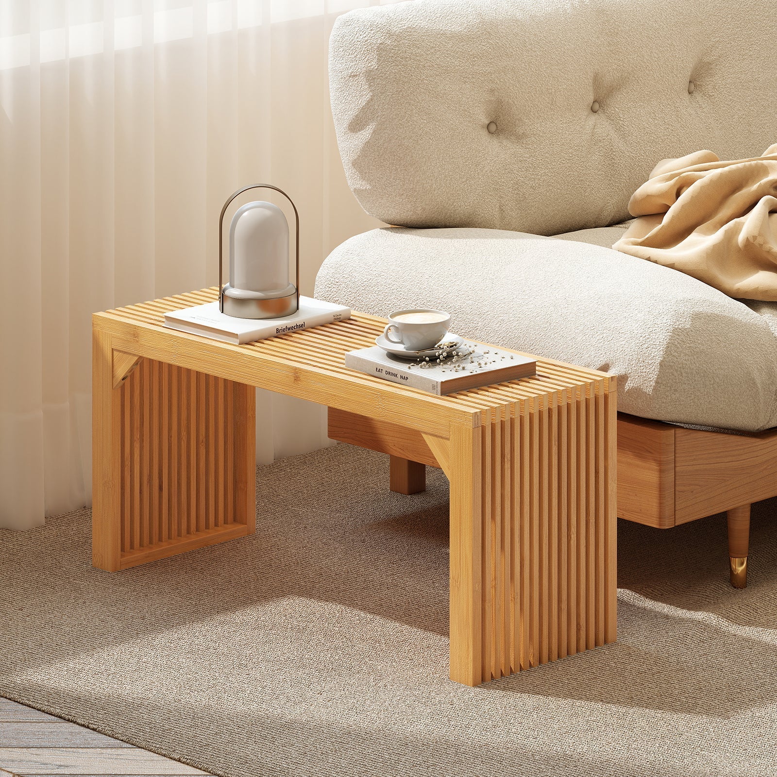 Bamboo Dining Bench Long Entryway Bench Indoor Outdoor Solid Wood Bench-Natural