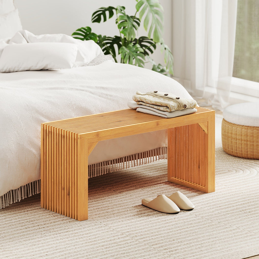 Bamboo Dining Bench Long Entryway Bench Indoor Outdoor Solid Wood Bench-Natural