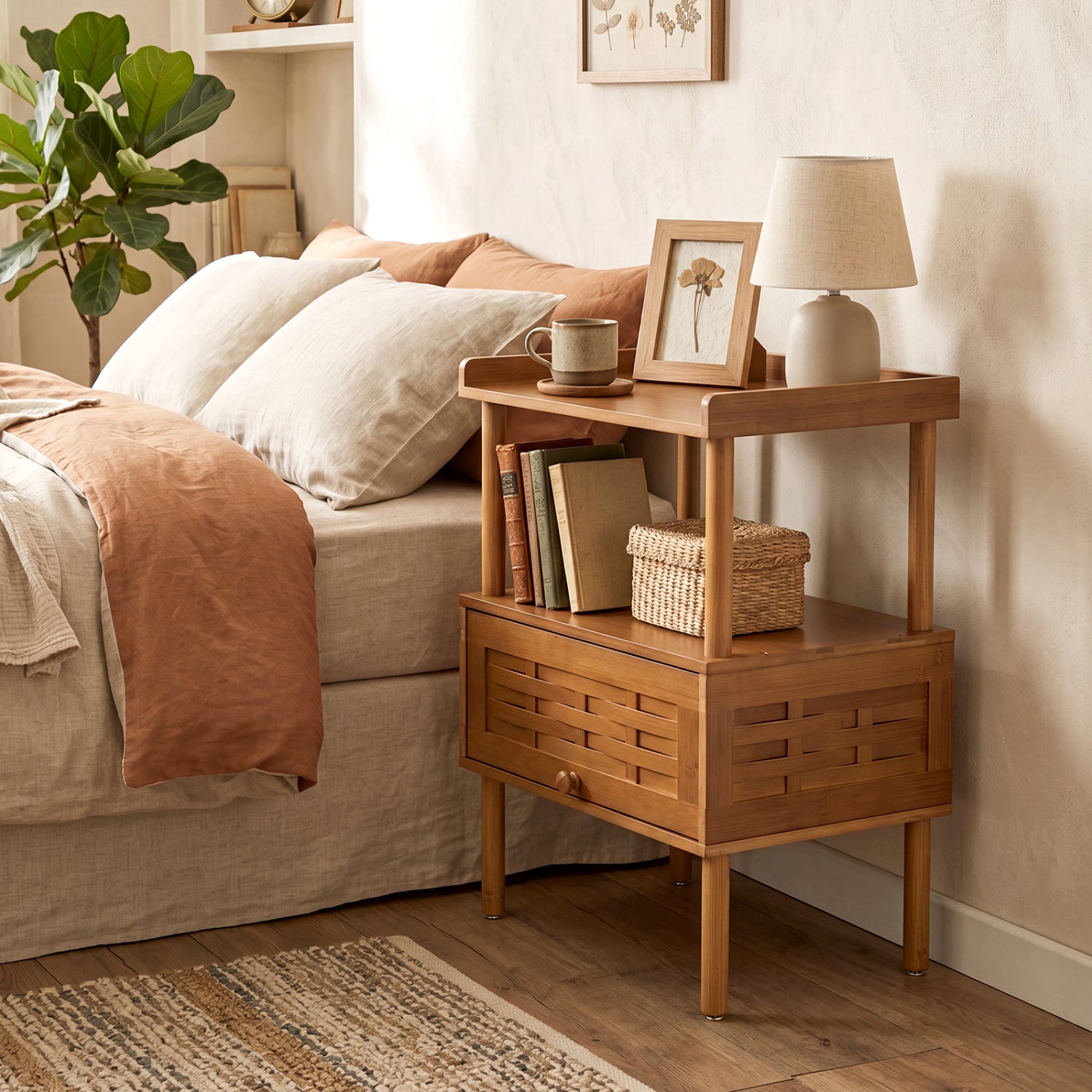 Bamboo Rattan Nightstand with Flip-Up Door and Open Shelf