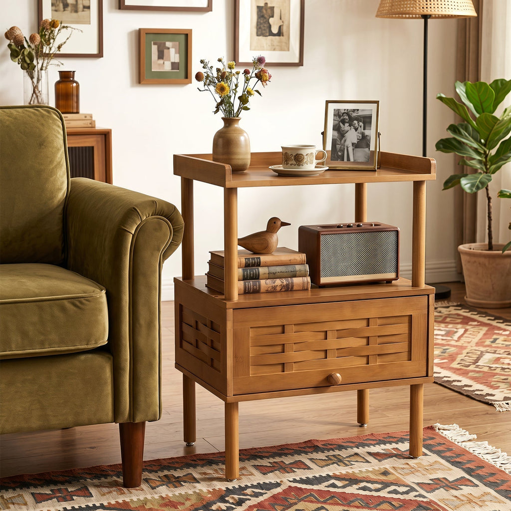 Bamboo Rattan Nightstand with Flip-Up Door and Open Shelf