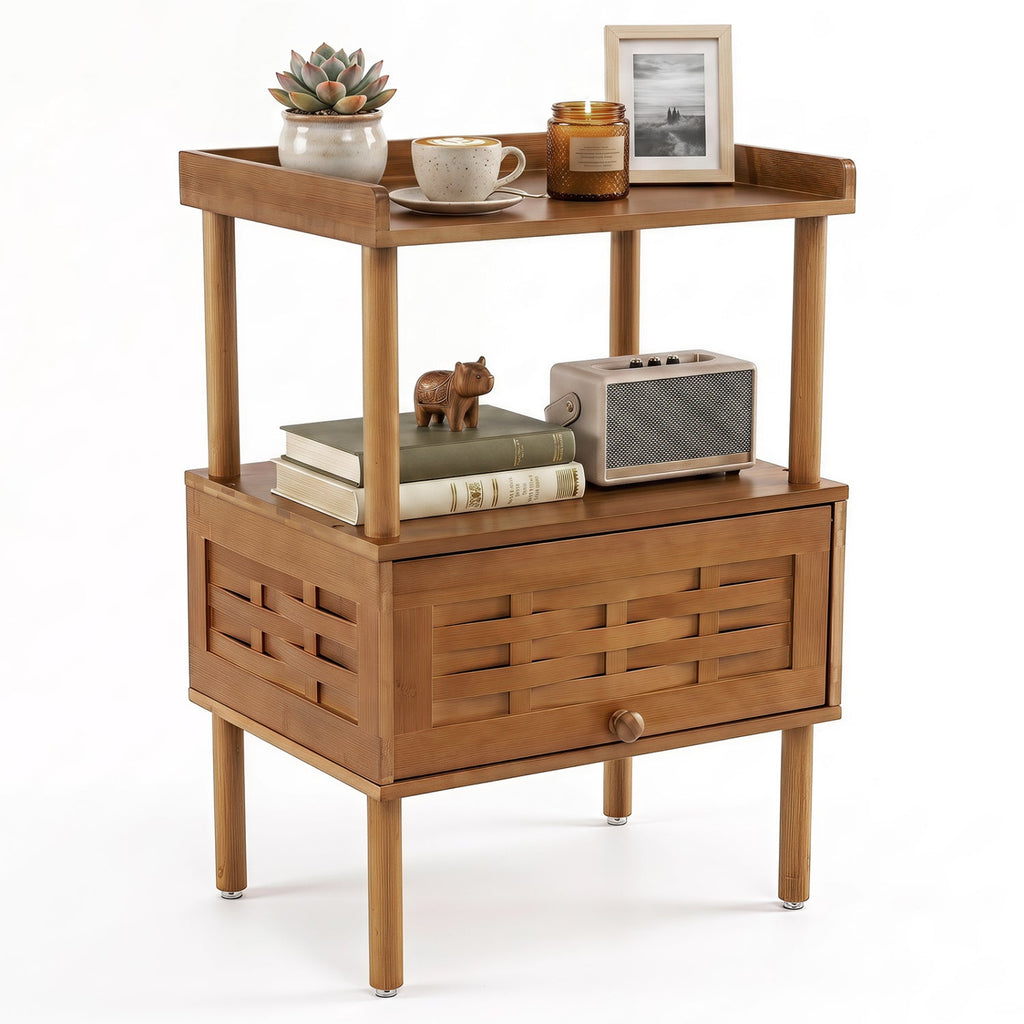 Bamboo Rattan Nightstand with Flip-Up Door and Open Shelf