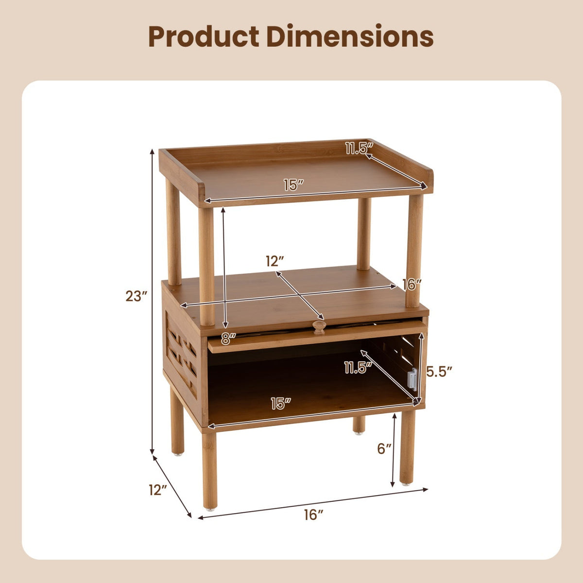Bamboo Rattan Nightstand with Flip-Up Door and Open Shelf
