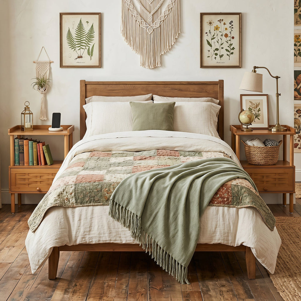 Bamboo Rattan Nightstand with Flip-Up Door and Open Shelf