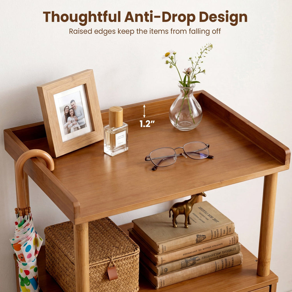 Bamboo Rattan Nightstand with Flip-Up Door and Open Shelf