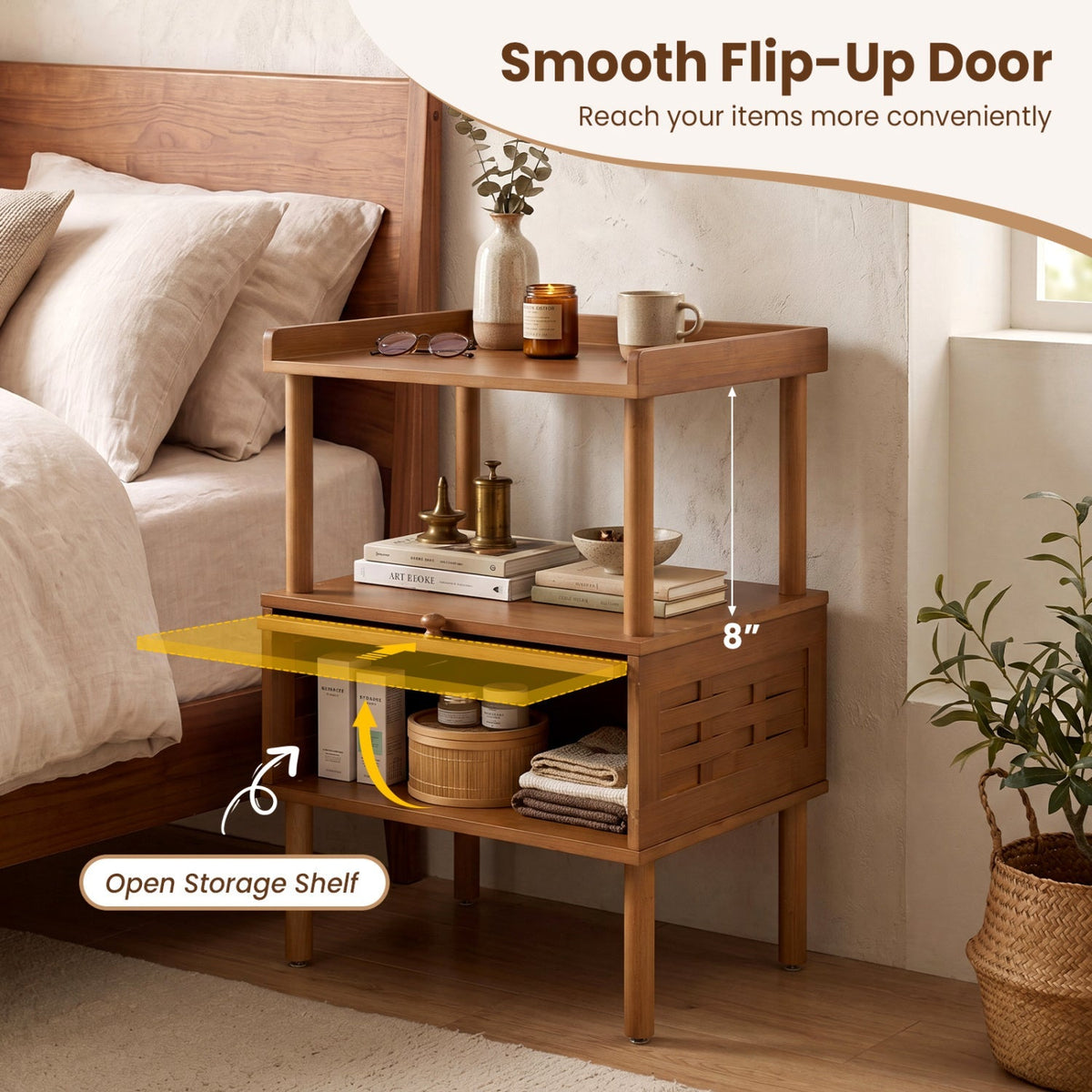 Bamboo Rattan Nightstand with Flip-Up Door and Open Shelf