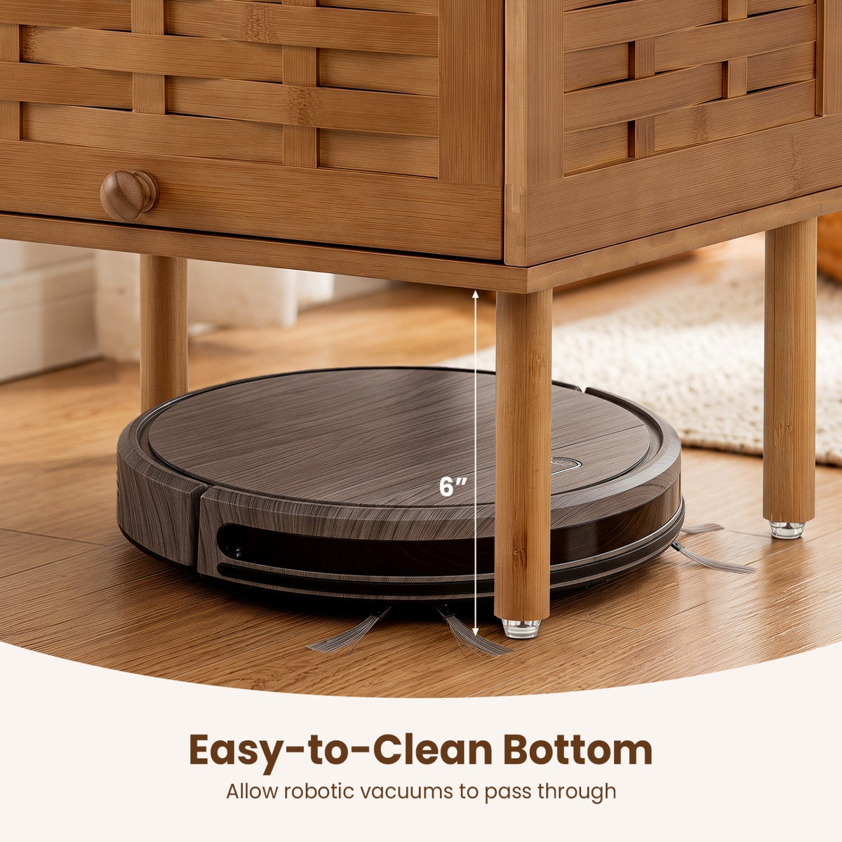 Bamboo Rattan Nightstand with Flip-Up Door and Open Shelf